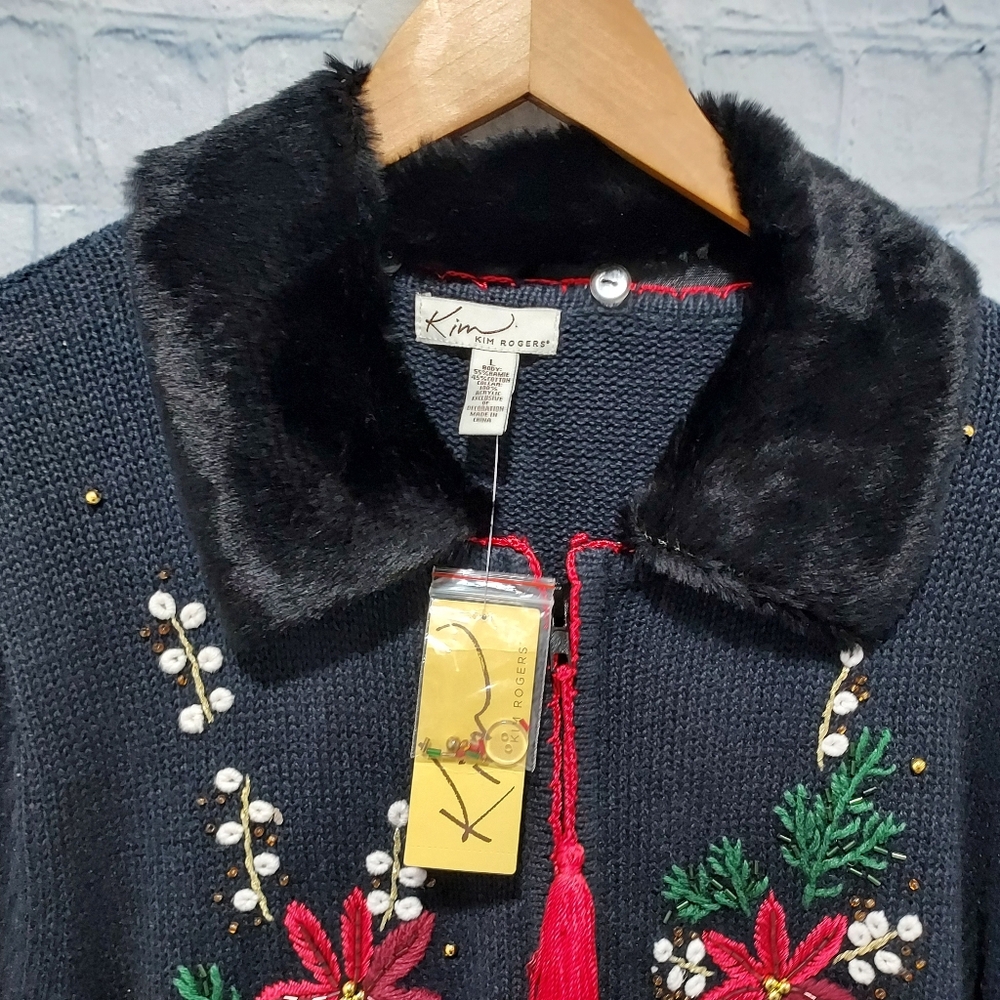 Kim Roger's Christmas Sweater Large Embroidered Poinsettias Removable Collar - Picture 2 of 12